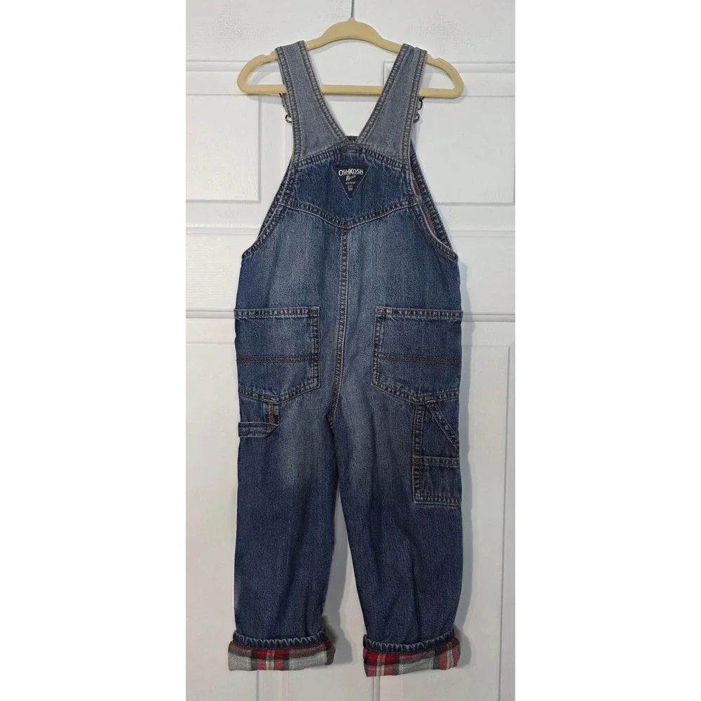 OshKosh Flannel Lined Denim Overalls Size 3T Plaid